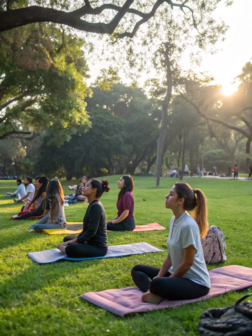 A diverse group of students practicing yoga poses outdoors, emphasizing flexibility, mindfulness, and relaxation.