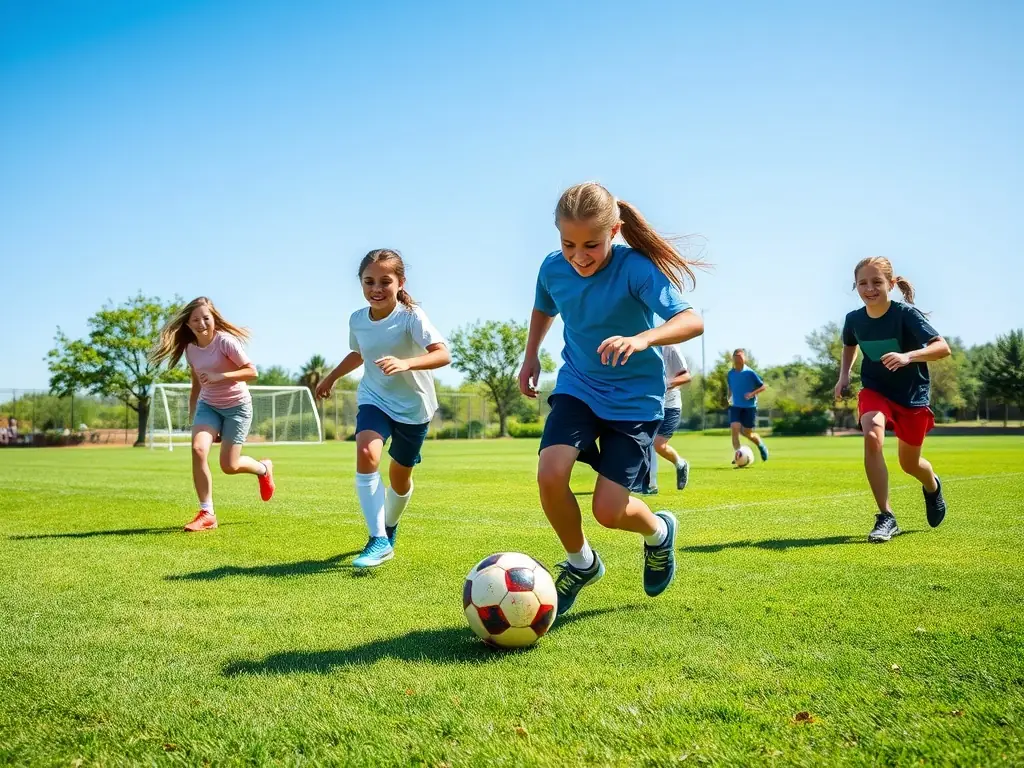Students engaged in a soccer match, demonstrating agility and sportsmanship, with the school's sports field in the background.
