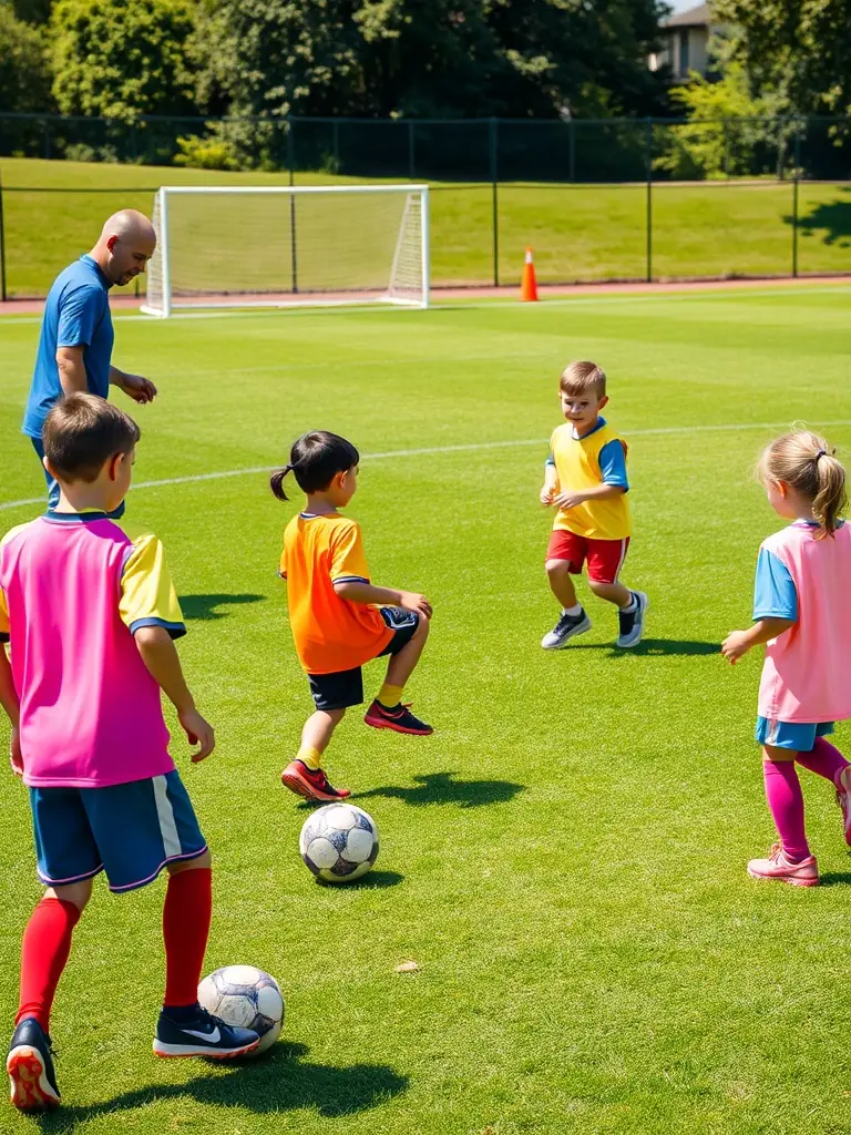 Students learning basic soccer skills on a green field, emphasizing teamwork and coordination.
