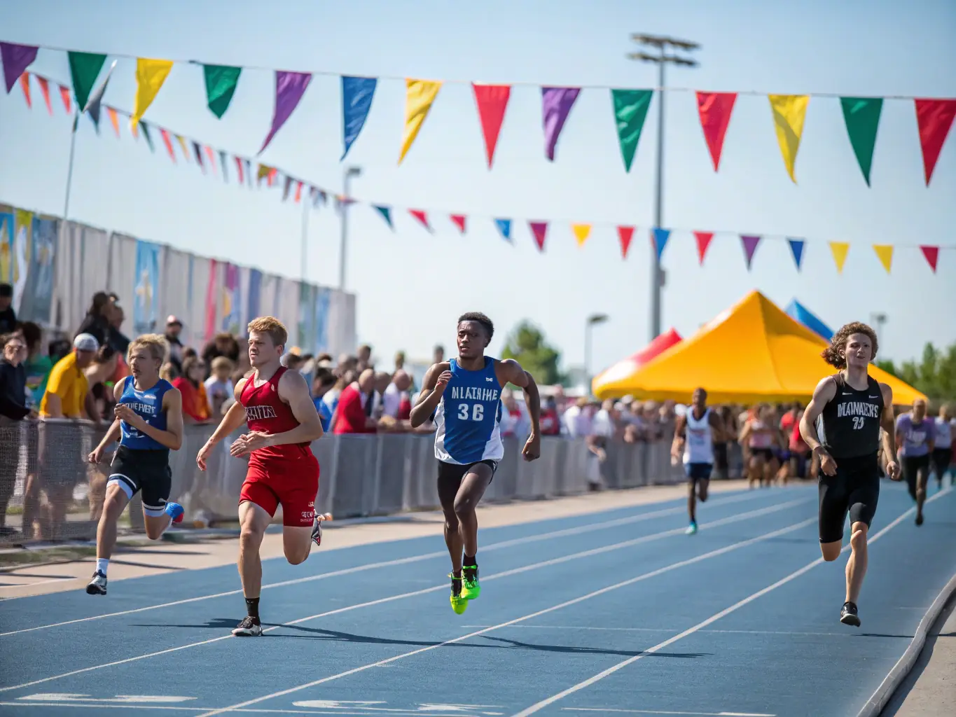 A group of students practicing track and field events, showcasing speed and endurance, with the school's running track in the foreground.