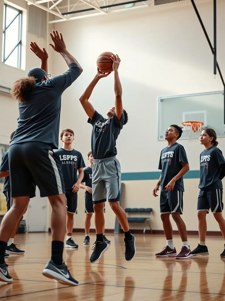 A group of young students enthusiastically playing basketball indoors, focusing on teamwork and skill development.